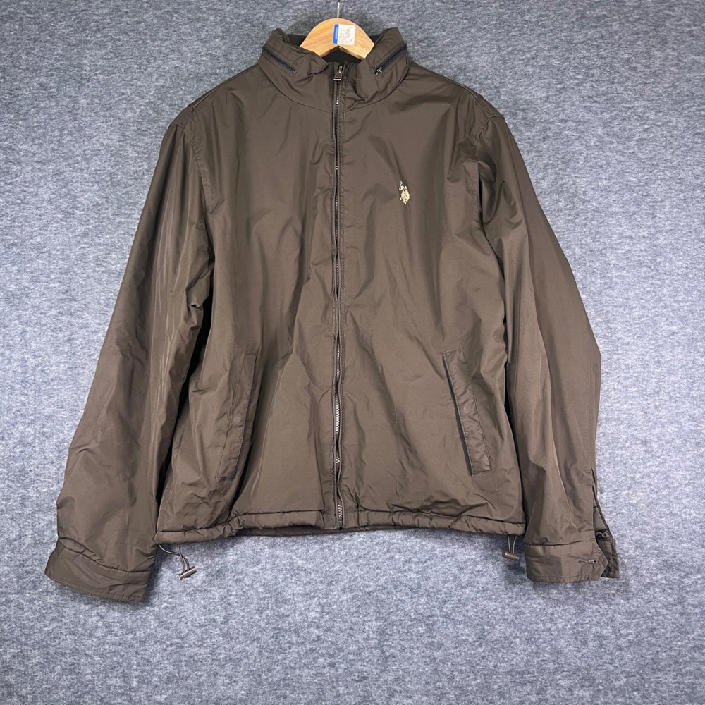 U.S. Polo Assn Jacket Men Large Brown Fair Windbreaker Fleece Lined Full Zip